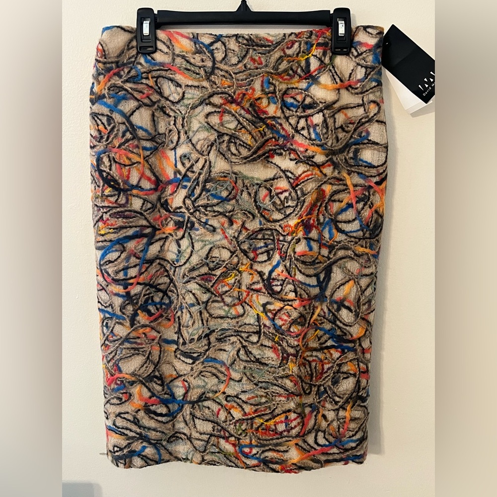 David Meister Designer Multicolor Abstract Yarn Loop Knit Pencil Skirt Beige